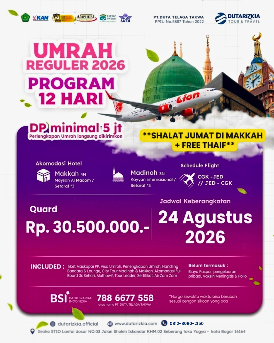 UMROH REGULER 12 HARI FREE CITY TOUR THAIF BY LION AIR